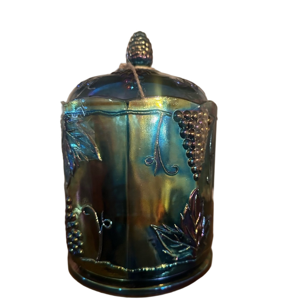 Vintage Iridescent Blue Cobalt Marigold Carnival Glass Biscuit Jar with Lid